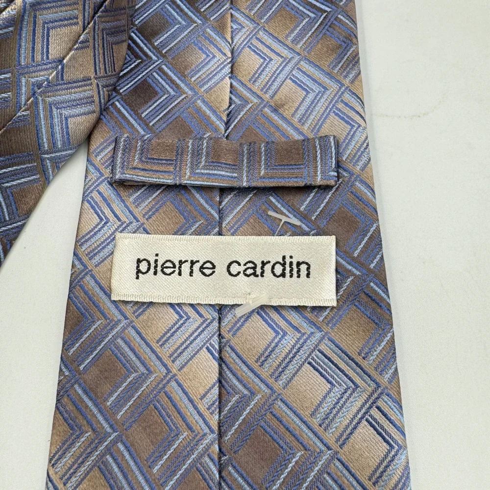 Pierre Cardin Necktie Mens Brown Blue Geometric Silk Professional Classic